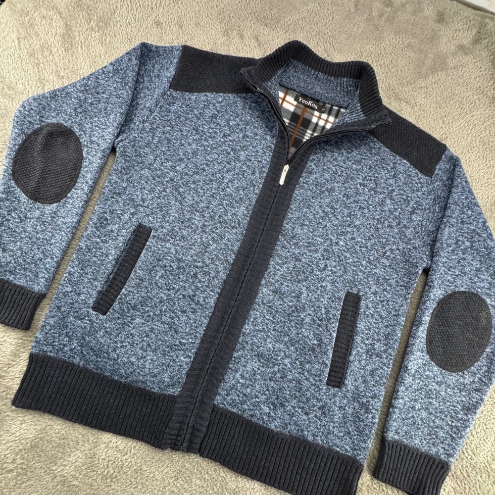 YeoKou Cardigan Sweater Mens Large Blue Excellent Cashmere Wool Zip Elbow Patch‎